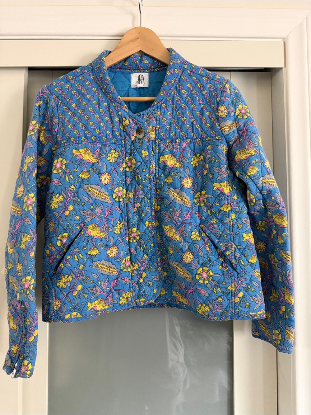 Anthropology Quilted Floral Jacket in Blue and Yellow